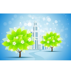 Blue Background with Business City and Trees vector image