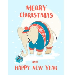 Funny Merry Christmas card with elephant wearing Funny Merry Christmas card with elephant wearing vector image