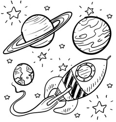 Doodle space planets rocket ship stars explore vector image