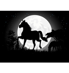 Horse silhouettes with giant moon background vector image