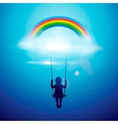 Little girl on a swing under the rainbow vector image