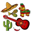 Mexican set sombrero pinata maraca cactus vector image