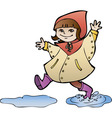 Little girl in rain coat strides through puddles vector image