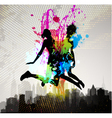 Two girls jumping over city vector image