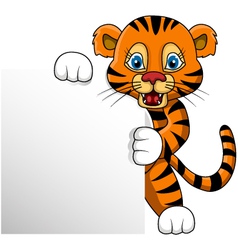 Cute young tiger cartoon with blank sign vector image