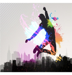 Young man jumping over city vector image