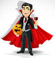 Charming predatory vampire with Halloween pumpkin vector image