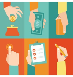 Set of hands - clients purchasing work in flat ret vector image