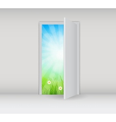 Open white door on a white wall with nature vector image