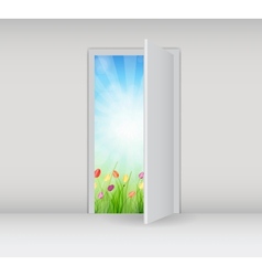 Open white door on a white wall with nature vector image