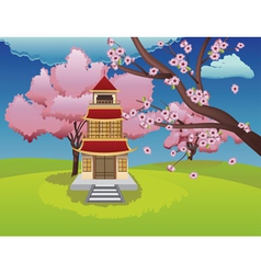 Oriental House and Blooming Sakura vector image