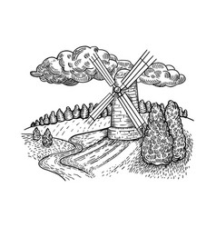 Windmill country landscape engraving style Windmill country landscape engraving style vector image