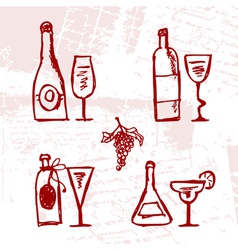 Set of alcohols bottles and wineglasses on grunge vector image