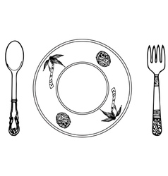 Cartoon plate fork and spoon Cartoon plate fork and spoon vector image