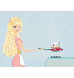 Beautiful young lady cooking lunch in the kitchen vector image