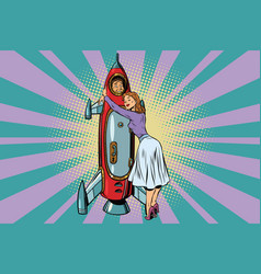 Wife hugs her husband astronaut in the rocket Wife hugs her husband astronaut in the rocket vector image