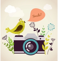 Old vintage camera with bird vector image