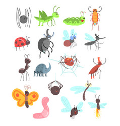 Cute friendly insects set with cartoon bugs vector image