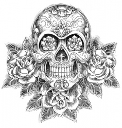 Sketchy skull with roses vector image