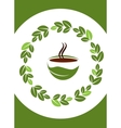 Cup of hot coffee with coffee leafs frame vector image