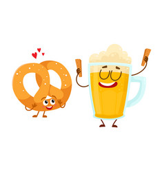 Happy aluminium beer mug and pretzel characters vector image