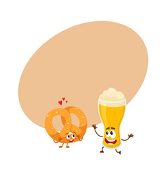 Happy aluminium beer can and pretzel characters vector image
