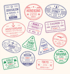 Icons of travel city passport stamp vector image