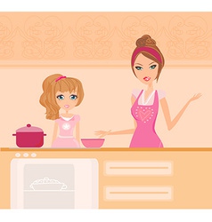 Happy mother helping her daughter cooking in the vector image