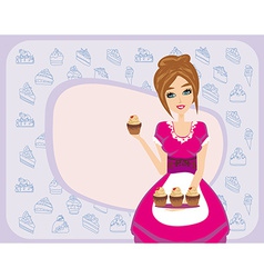 Housewife serving chocolate cupcakes vector image