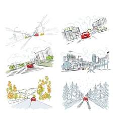 Cars on city road set of hand drawn for your vector image