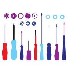 Screwdrivers gears and caps silhouettes set vector image