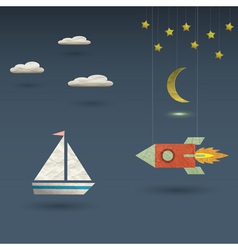 Retro rocket and sailboat vector image