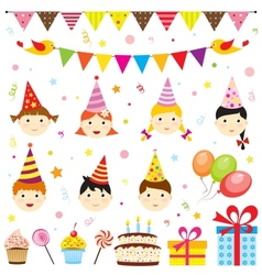 Set of birthday party elements with cute kids vector image