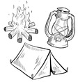 Doodle camping tent fire lantern vector image