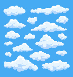 Fluffy white cartoon clouds in blue sky set Fluffy white cartoon clouds in blue sky set vector image
