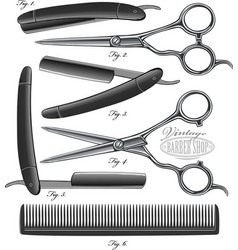 Comb Scissors and Razor in vintage engraved style vector image