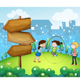 Three kids playing in the garden with wooden vector image