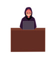 Hacker in black hoodie using laptop computer vector image