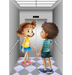 A girl and a boy talking inside the elevator vector image