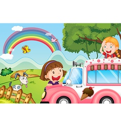 The pink icecream bus and the two happy girls vector image