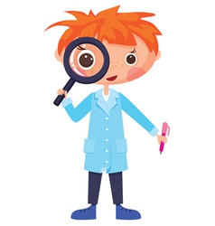 Cartoon scientist and magnifying glass vector image