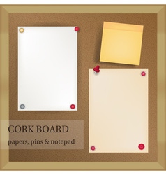 White and yellow papers with pins and note pad on vector image