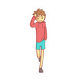 Boy in a red hoodie and blue shorts touching his vector image