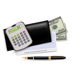 Black checkbook with pen and dollars vector image
