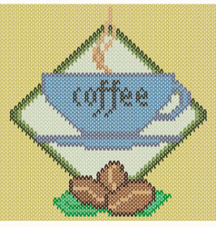 Coffee cup icon on knitted background Coffee cup icon on knitted background vector image