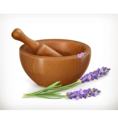 Lavender and wooden mortar vector image