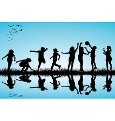 Group of children silhouettes playing outdoors vector image