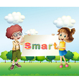 Smiling kids holding a signboard vector image