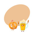 Happy aluminium beer mug and pretzel characters vector image