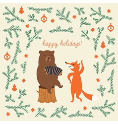 Greeting Christmas card a bear and a cute fox vector image